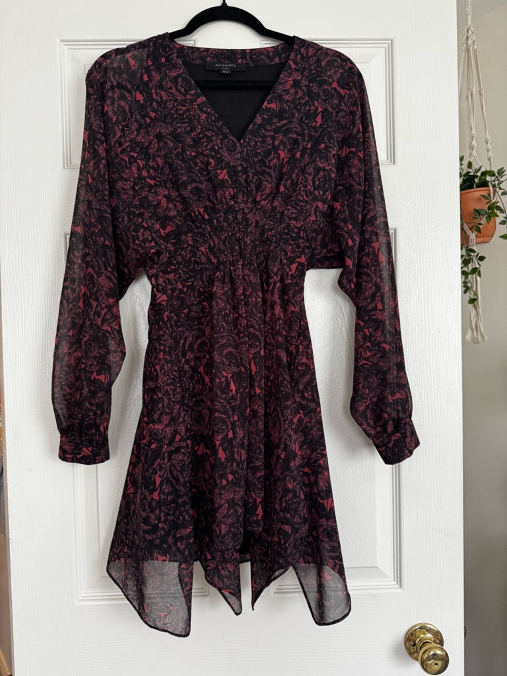 All Saints Black and Red Floral V-Neck Long Sleeve Dress
